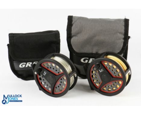 2x British Leeda LC 100 cassette trout fly reels - 3 ½" spool with push button release, rear side tensioner, constant check. 