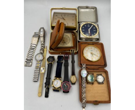 A quantity of vintage wristwatches and alarm/travel clocks. To include Smiths, silver Rotary, Brian Stil, Smash, Citizen quar