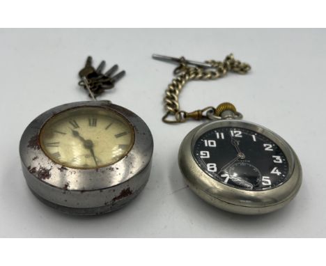 Two pocket watches to include military Zenith with chain and a metal cased watch. 