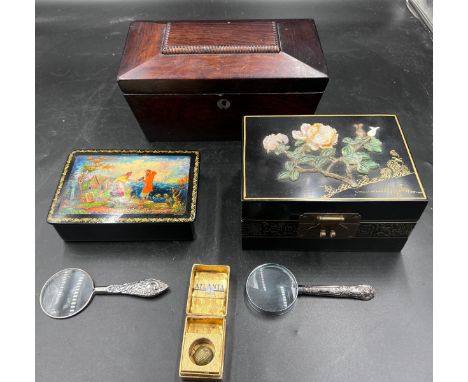 Boxes to include Russian lacquer, rosewood tea caddy and a Chinese vintage black lacquer and carved stone jewellery box. Toge