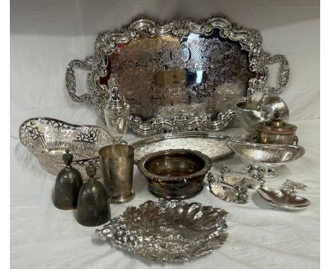 Silverplated items to include a heavy ornate oblong tray 65cm l, Garrard &amp; Co pierced basket, a pair of knife holders, a 