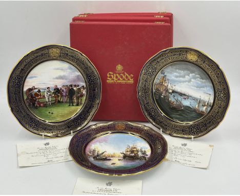 Three Spode Plates from the Armada Series all with boxes. No. 1 "A Game of Bowls" 1247 of 2000; No. 2 "Armada Leaving Ferrol"