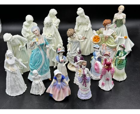 A large collection of ceramic figurines to include Coalport Innocence, Here comes the Bride, Nell Gwynn, Miss Jane, Miss Char