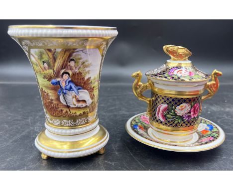 A boxed Spode Regency pattern chocolate pot with cover and saucer decorated with gilt griffin shaped handles and butterfly kn