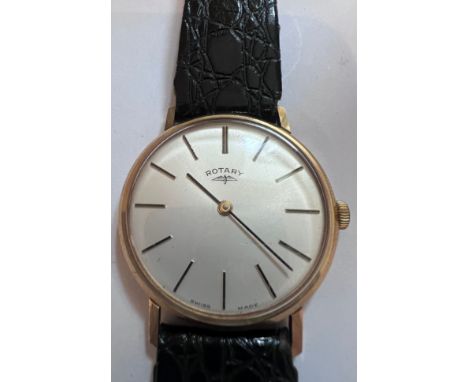 A 9ct gold gentleman's Rotary wristwatch on black leather strap, engraved to back British Rail L.N.F. Kettleborough in Apprec