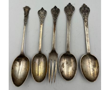 Silver to include three rat tail, fancy back, trepid teaspoons, single spoon and a three pronged fork. Various makers to incl