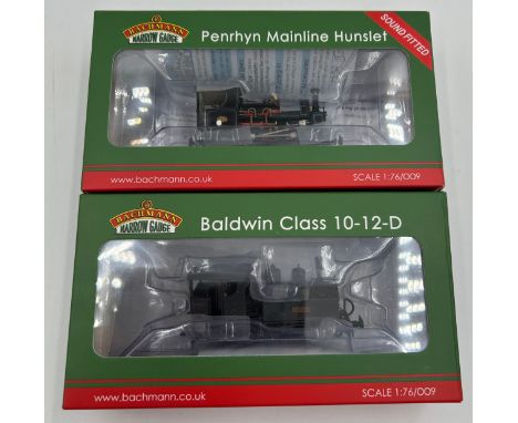 Two Bachmann Narrow Gauge OO9 gauge, 391-028 baldwin class 10-12-d 'Hummy' ashover light railway black (weathered) and 391-12