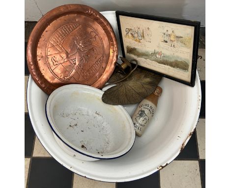 A miscellany to include two white enamel bowls, 55cm and 30cm diameter, Julius Peters bottle, Hull, copper Johnny Walker tray