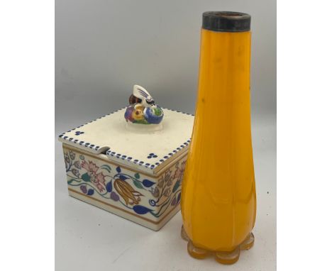 A Poole honey box together with a silver rimmed yellow glass vase, 21cm h. 