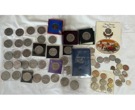 A collection of mostly crowns x 33 and other various coinage to include Jubilee medal, Britain's first decimal coins booklet,