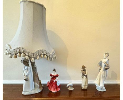 Nao by Lladro table lamp with girl with basket as base, approx. 41cm h, excluding shade, another Nao by Lladro of girl wearin