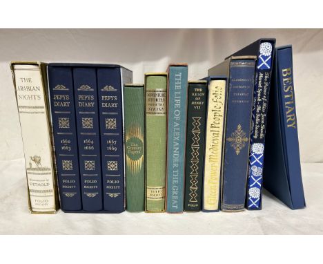 Folio Society: A collection of hardback books to include  three book series Pepys Diary, The Greek Myths I and II, Beastiary,