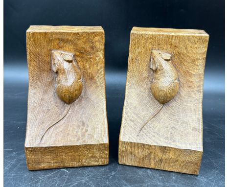 Robert 'Mouseman' Thompson - a pair of oak adzed book ends. 15cm h. 