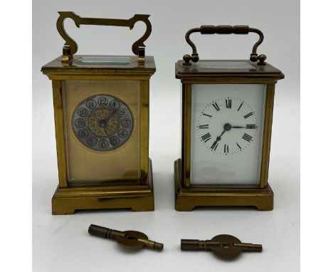 Two brass cased carriage clocks. One stamped R &amp; C0 Made in France,not working,  the other with white enamel dial, ticks 