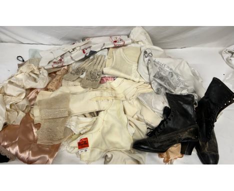 Large quantity of silk, linen and cotton undergarments to include bodices, bloomers, vests, gloves, scarves along with a pair