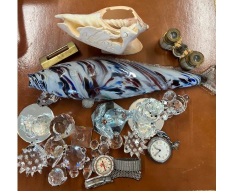 A miscellaneous lot to include Timex pocket watch, CCCP wristwatch, Swarovski animals, a glass fish, Omega stainless steel wa