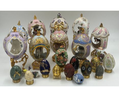 A collection of Franklin Mint House of Fabergé Eggs to include 4 x Carousel Horse eggs on fixed stands 18cm h, 4 x Bird eggs,
