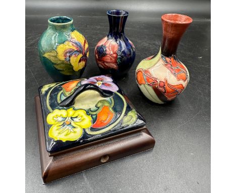 Collection of 3 Moorcroft miniature vases tallest approx 11cm h, two with stickers, along with a display tile with handle and