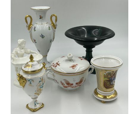 Selection of mixed 6 ceramics including Dresden vase with gilted swan handles measuring 27.5cm; Minton lady sweet tray measur