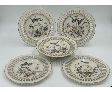 Fischer &amp;  Mieg 19thC porcelain part tea service, with ribbon borders, floral, bird and gold insect decoration, comprisin