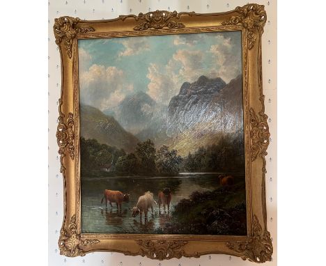 Oil on canvas Highland scene in gilt frame. Signed R. Jones lower left. 59cm x 49cm sight size. 
