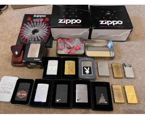 A large collection of mostly boxed Zippo lighters to include Harley Davidson, Bunny, older brass lighters, lighter pouch, fli