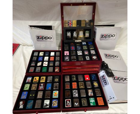 A collector's display case to include DeAgostini 80 x Zippo lighters and other loose Zippos together with Zippo collection fo