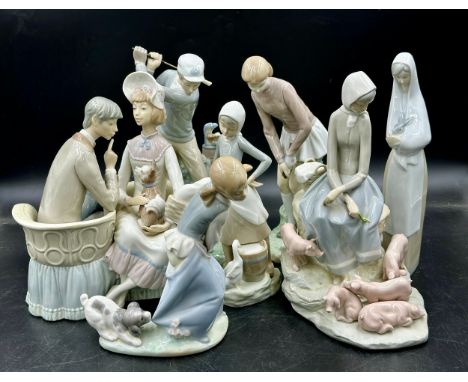 A quantity of Lladro: Girl with Milk Pail 23cm h, Girl with Dog Pulling on Skirt, Girl with Pigs figure group a/f, Golf Girl 