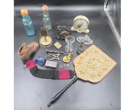 A miscellany to include vesta case, miniature shaver, cod bottles and openers, Tallyho bank cast iron money box, Trench Art m