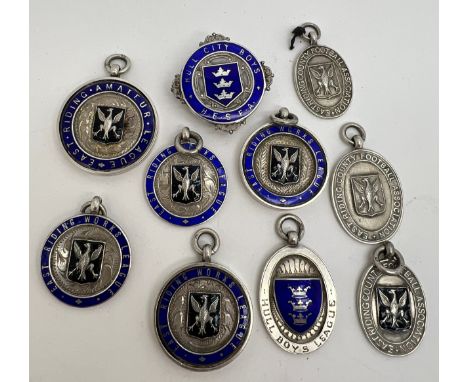 Ten various Hull City Boys, East Riding Works League and East Riding County Football Association silver and enamel medals. To