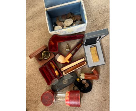 A miscellaneous lot to include Meerschaum, silver and amber cased pipe, cheroot holder, Dunhill lighter, ceramic pipe, 19thC 