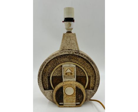 Troika Pottery Wheel Lamp with geometric relief motifs. Signed to base Troika Cornwall. Ht to top of lamp 27cm, to fitting 34
