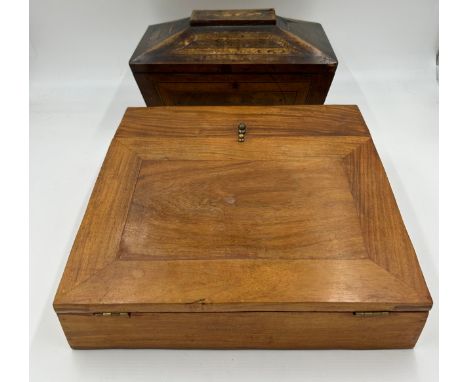 A 19th inlaid rosewood two compartment tea caddy  33 x 18cm h together with a 20thC writing slope with red leather interior. 