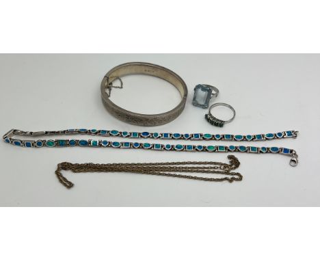 Jewellery to include hallmarked silver bangle, .925 silver and opal necklace, rings, chain. 