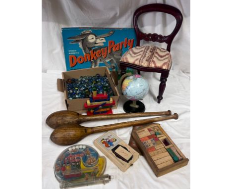 A miscellany of toys and games to include Donkey Party, 400+ marbles, a clock globe, Platnik Cards, Snap, wooden building blo