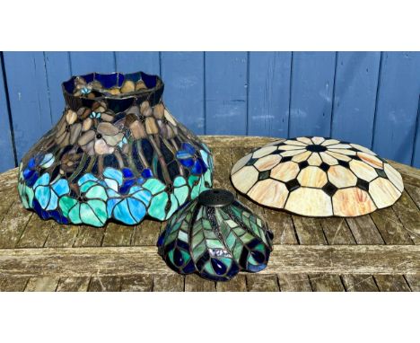 Two Tiffany style lamp shades in blue and green tones, large shade 40cm d at base, small 21cm d at base together with  a ceil