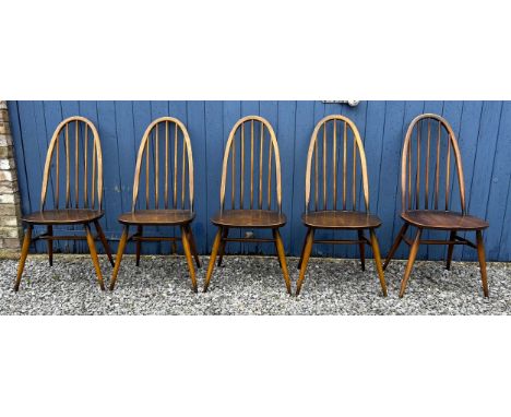 Five Ercol Quaker stick back dining chairs 95cm back, 42cm seat. 