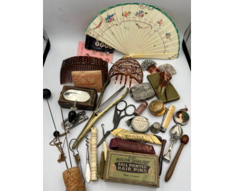 A miscellany of mainly 19thC items to include hair ornaments, bone needle case with Stanhope of York Minster, button hook, ha