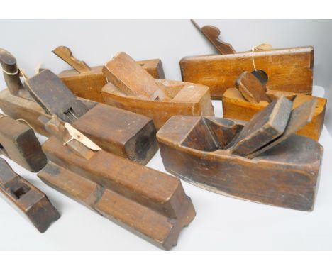 A collection of wood planes, types include Jack or Fore, moulding, tonguing, grooving, rebate, sash fillister, ages from 18th