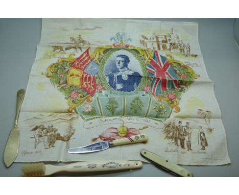 A collection of royal commemorative items including toothbrush (bone), penknife and a King Edward VIII handkerchief *THIS LOT