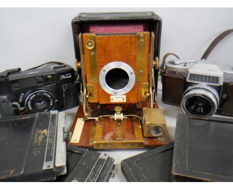 A Rank Mamiya camera, a Yashica camera and a 5 x 4 plate box
