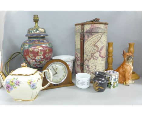 A collection of assorted items including Royal Doulton teapot, Sadler teapot, other ceramics, a pair of wooden candlesticks, 