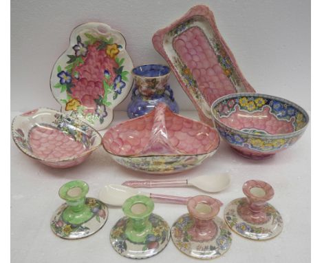 A collection of Maling lustre ceramics including bowl, vase, four candlesticks, serving spoon and fork, basket dish and other