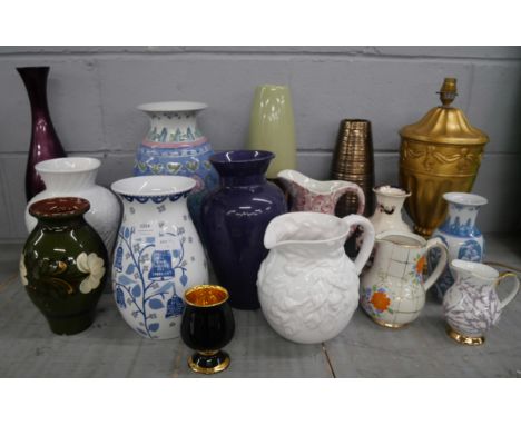 A collection of thirteen vases, table lamp, clock and two prints including a Mason’s Mandalay vase