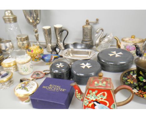 Assorted items including Maltese pots, pill boxes, silver plated boots, silver plated swans, two Trade and Aid enamel teapots