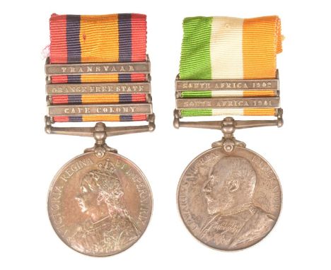 Two Boer War campaign medals awarded to one 1185 Pte J Morris of the Northamptonshire Regiment comprising Queens South Africa