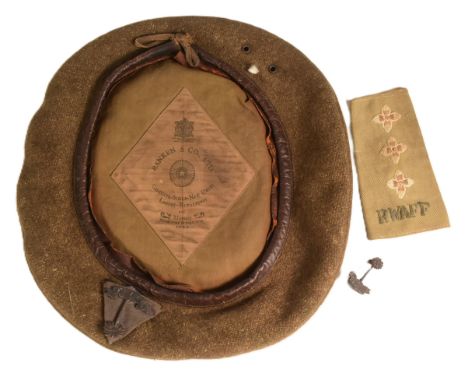 A WWII Second World War Royal West African Frontier Force RWAFF uniform beret (Ranken &amp; Co) with cap badges and slip on s