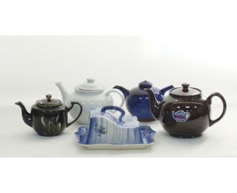 A collection of ceramic tea pots together with a cheese tray &amp; cover. The large "Brown Betty" tea pot W27cm and the Chine