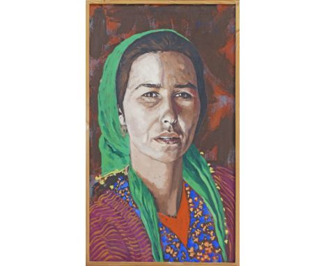 →John Corbidge (British 1935-2003), Portrait of a young woman in green scarf, oil on canvas, 89x49cm, signed and dated 73. Pr