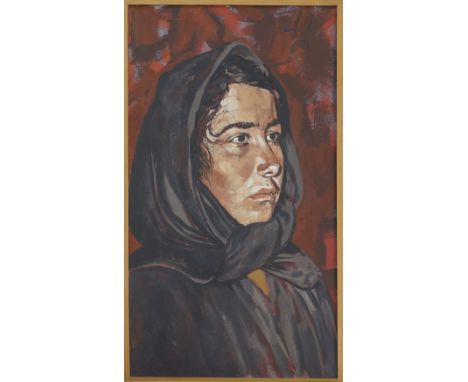 →John Corbidge (British 1935-2003), Portrait of a young woman in black scarf, oil on canvas, 89x49cm, signed and dated 73. Pr